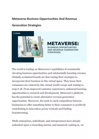 Metaverse Business Opportunities And Revenue Generation Strategies