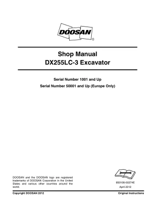 Daewoo Doosan DX255LC-3 Excavator Service Repair Manual Serial Number 50001 and Up (Europe Only)