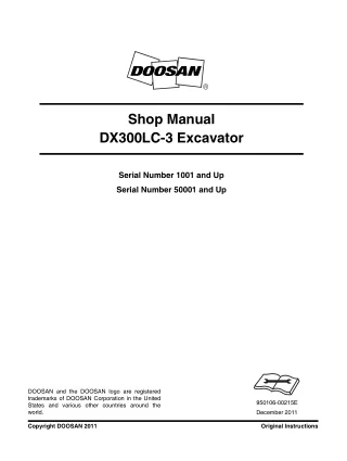 Daewoo Doosan DX300LC-3 Excavator Service Repair Manual Serial Number 1001 and Up