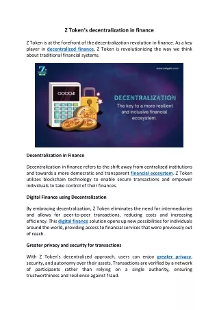 Z Token decentralization in finance