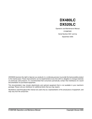 Daewoo Doosan DX480LC Excavator Operation and Maintenance manual (Serial Number 5001 and Up)