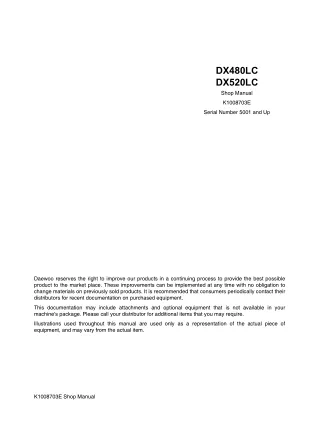 Daewoo Doosan DX480LC Excavator Service Repair Manual (Serial Number 5001 and Up)