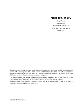 Daewoo Doosan Mega 160 Wheel Loader Service Repair Manual SN 1021 and Up