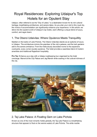 Royal Residences_ Exploring Udaipur's Top Hotels for an Opulent Stay