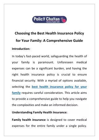 Choosing the Best Health Insurance Policy for Your Family: A Comprehensive Guide