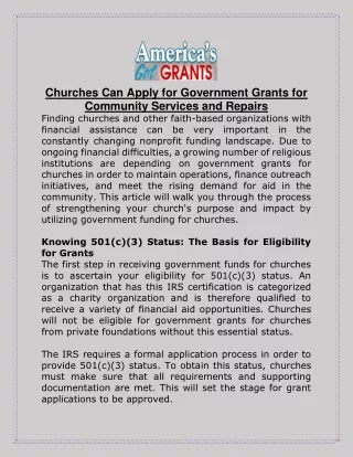 Churches Can Apply for Government Grants for Community Services and Repairs