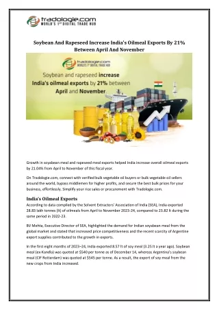 Soybean And Rapeseed Increase India's Oilmeal Exports By 21% Between April And November