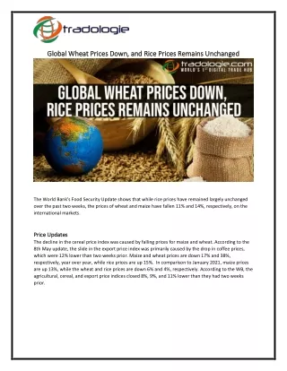 Global Wheat Prices Down, and Rice Prices Remains Unchanged