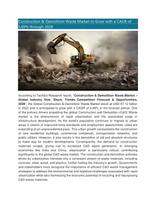 Construction & Demolition Waste Market to Grow with a CAGR of 5.69% through 2028