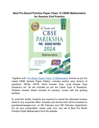 ‘Together with’ Pre Board Paper Class 12 Mathematics for Board Exam 2024