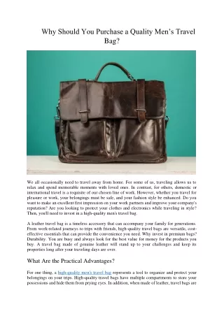 Why Should You Purchase a Quality Men’s Travel Bag