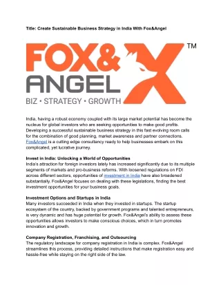 Unlock India's Investment Potential: Fox&Angel's Strategic Guidance