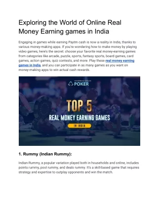 Exploring the World of Online Real Money Earning games in India