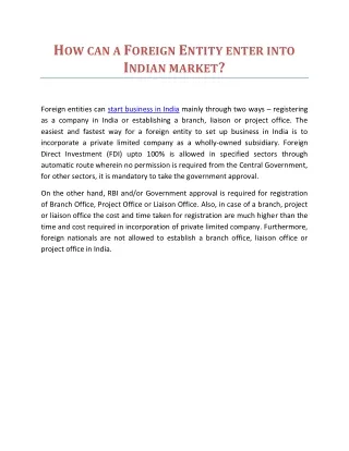 How can a Foreign Entity enter into Indian market