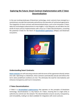 Smart contract implementation with Z Token decentralization