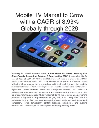 Mobile TV Market to Grow with a CAGR of 8.93% Globally through 2028