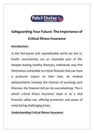 Safeguarding Your Future: The Importance of Critical Illness Insurance