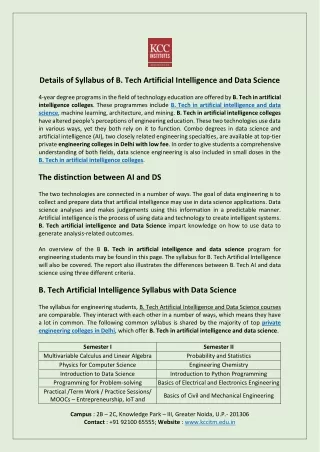 Details of Syllabus of B. Tech Artificial Intelligence and Data Science