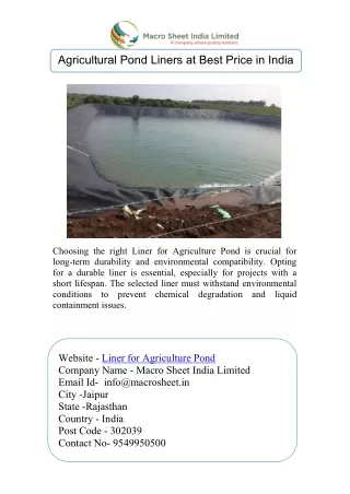 Liner for Agriculture Pond