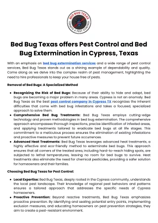 Bed Bug Texas offers Pest Control and Bed Bug Extermination in Cypress, Texas