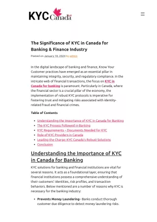 KYC in Canada for Banking & Finance Industry