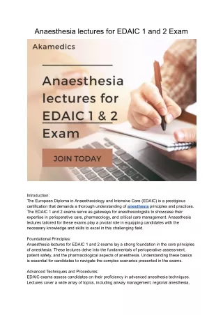 Anaesthesia lectures for EDAIC 1 and 2 Exam