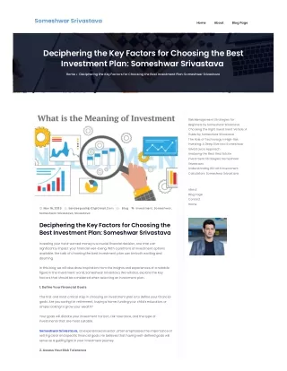 Deciphering the Key Factors for Choosing the Best Investment Plan: Someshwar Sri