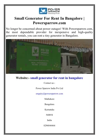 Small Generator For Rent In Bangalore  Powersparrow.com