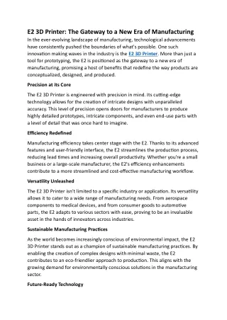 E2 3D Printer: The Gateway to a New Era of Manufacturing