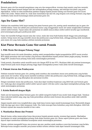 Kiat Pintar Bermain Game Slot untuk Pemula