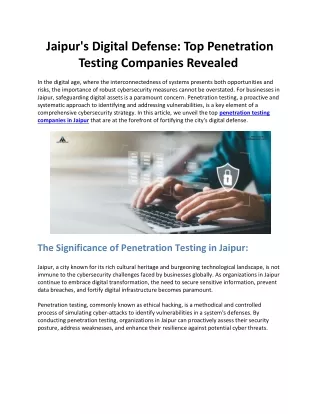 Jaipur's Digital Defense: Top Penetration Testing Companies Revealed