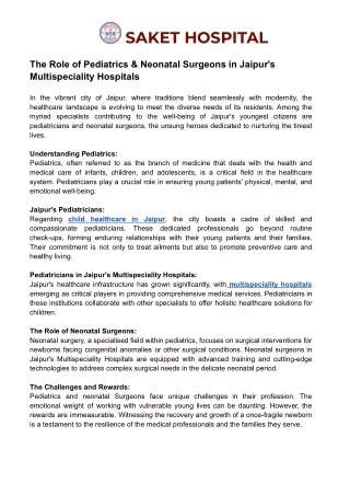 The Role of Pediatrics & Neonatal Surgeons in Jaipur's Multispeciality Hospitals