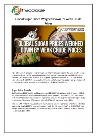 Global Sugar Prices Weighed Down By Weak Crude Prices