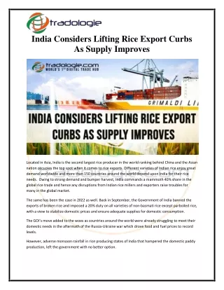 India Considers Lifting Rice Export Curbs As Supply Improves