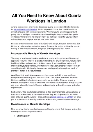 All You Need to Know About Quartz Worktops in London