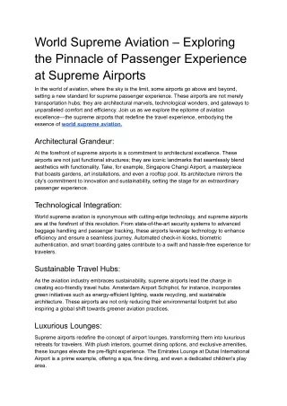 World Supreme Aviation – Exploring the Pinnacle of Passenger Experience at Supreme Airports