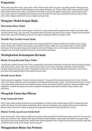 Tips Bermain Poker Online dengan Modal Kecil namun Untung Besar