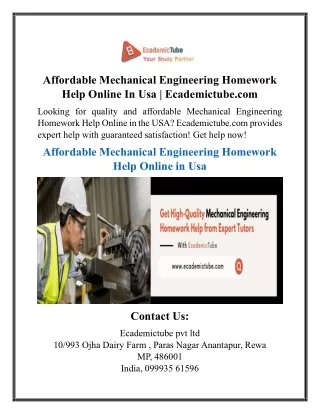 Affordable Mechanical Engineering Homework Help Online In Usa  Ecademictube