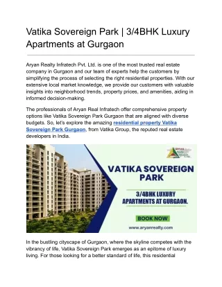 Vatika Sovereign Park in Gurgaon