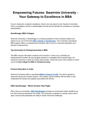Empowering Futures: Swarrnim University - Your Gateway to Excellence in BBA