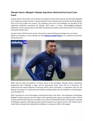 Olympic Games Mbappé's Olympic Aspirations Welcomed by French Team Coach