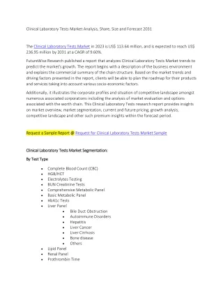 Clinical Laboratory Tests Market Analysis, Share, Size and Forecast 2031