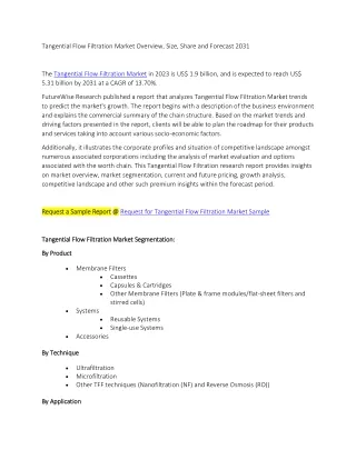 Tangential Flow Filtration Market Overview, Size, Share and Forecast 2031