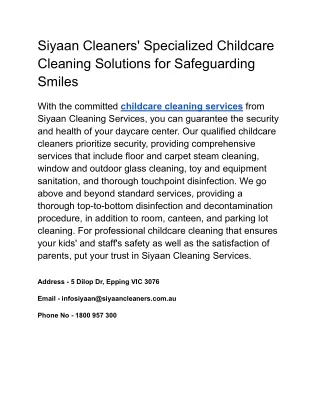 Siyaan Cleaners' Specialized Childcare Cleaning Solutions for Safeguarding Smiles