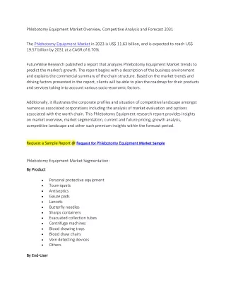 Phlebotomy Equipment Market Overview, Competitive Analysis and Forecast 2031