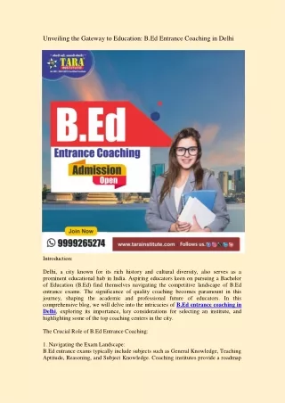 Unveiling the Gateway to Education: B.Ed Entrance Coaching in Delhi