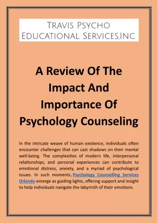 A Review Of The Impact And Importance Of Psychology Counseling