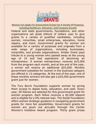 Women Can Apply For Government Grants For A Variety Of Purposes, Including Healthcare, Education, And Company Growth