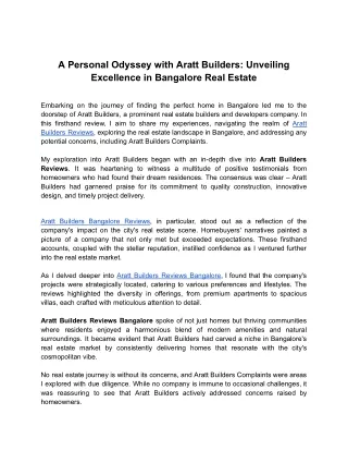 A Personal Odyssey with Aratt Builders: Unveiling Excellence in Bangalore