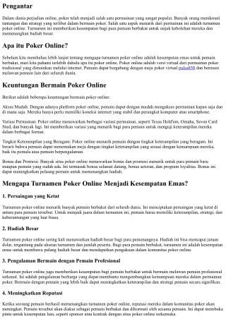 Mengapa Turnamen Poker Online Adalah Kesempatan Emas untuk Pemain Berbakat
